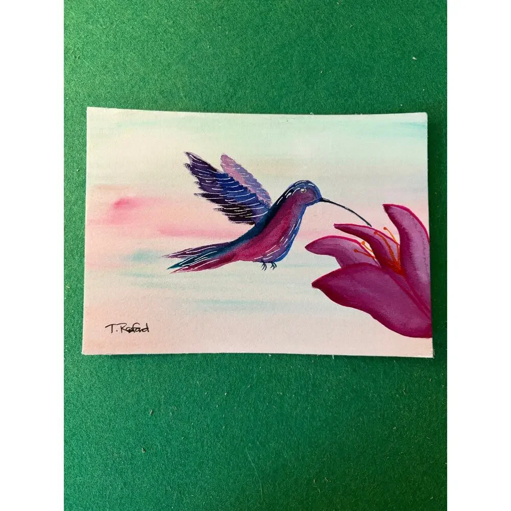 Hand painted watercolor original painting hummingbird in flight